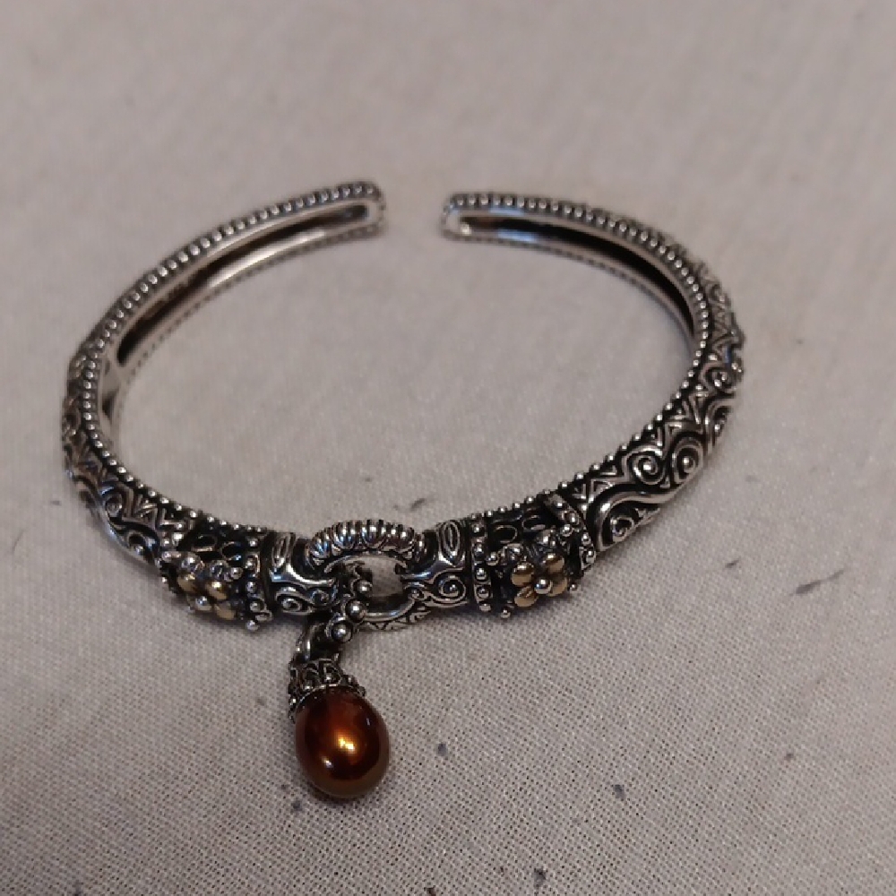 Barbara BIxby Sterling Silver Hinged Bracelet W/ 18 K Gold Fowers & Brown Pearl
